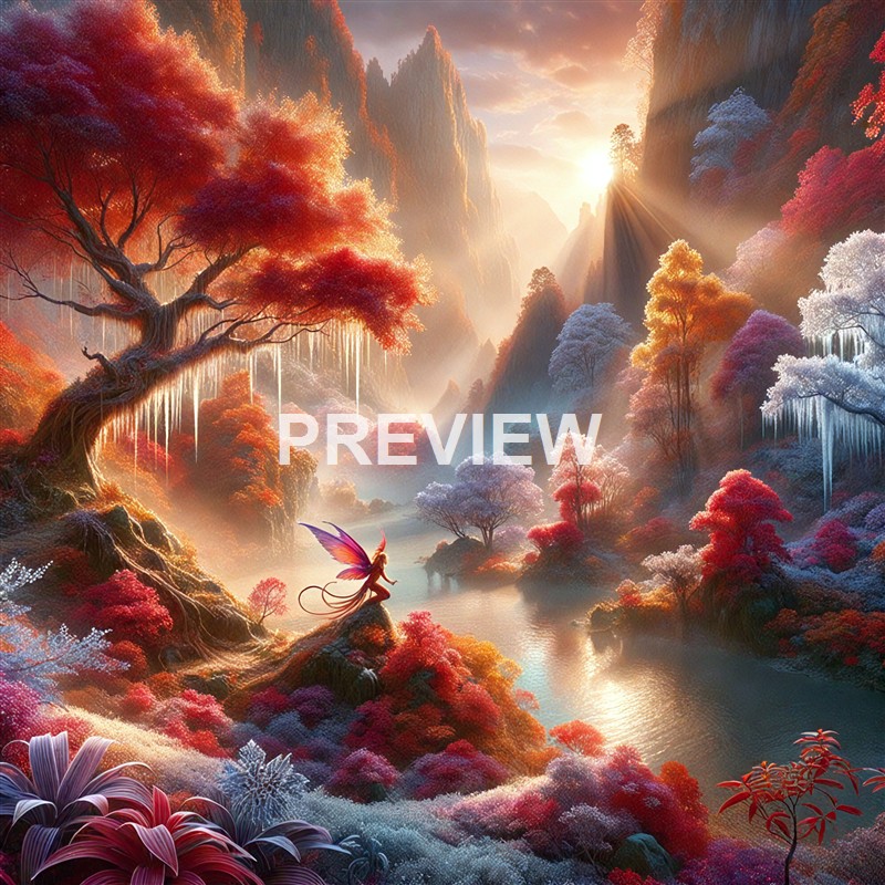 A vibrant fantasy landscape featuring colorful trees, misty mountains, a shimmering river, and a fairy with butterfly wings sitting on a rock, illuminated by a glowing sunrise.